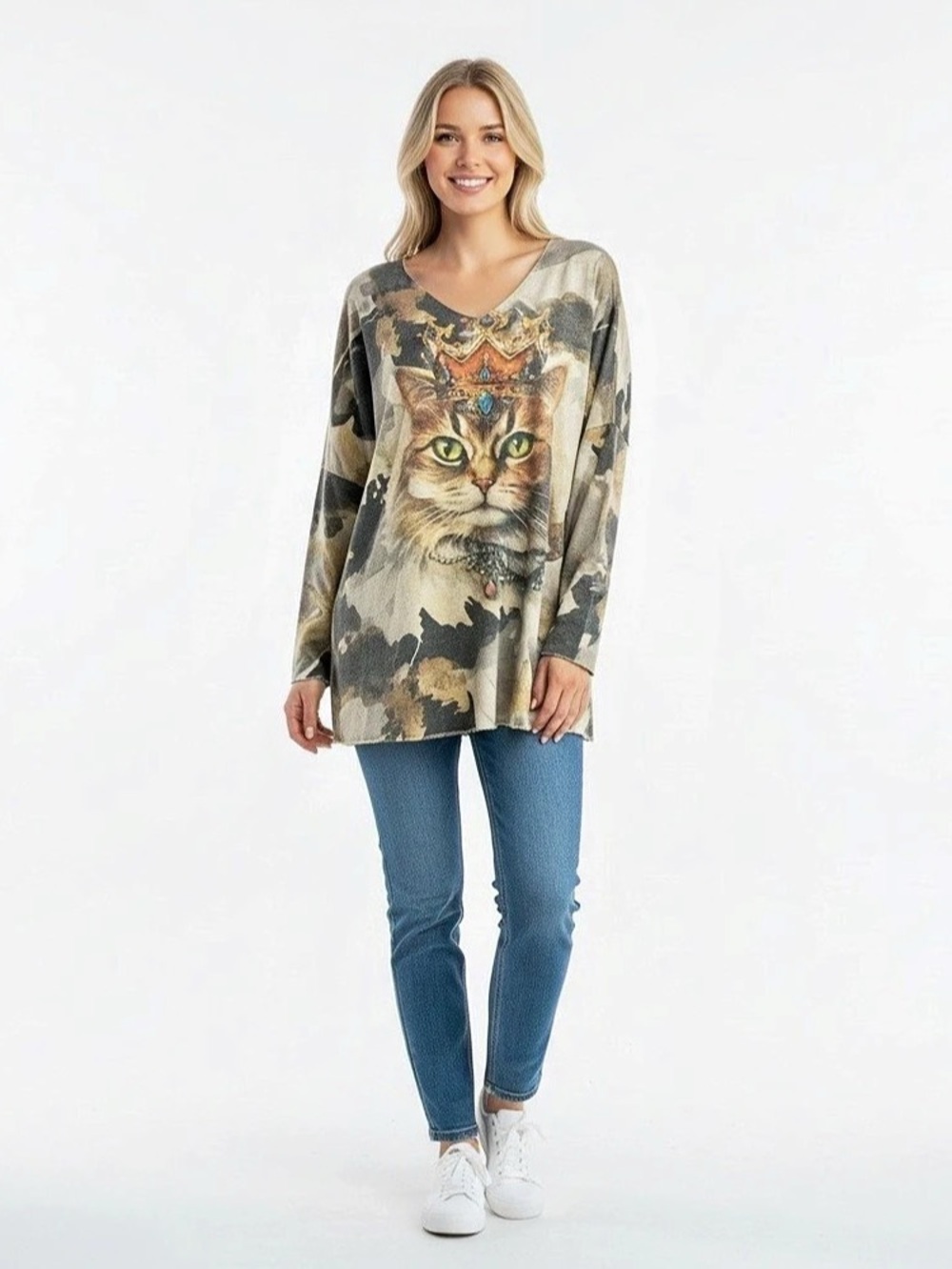 Cat Print Camo Tunic Top Brown & Gray NWT